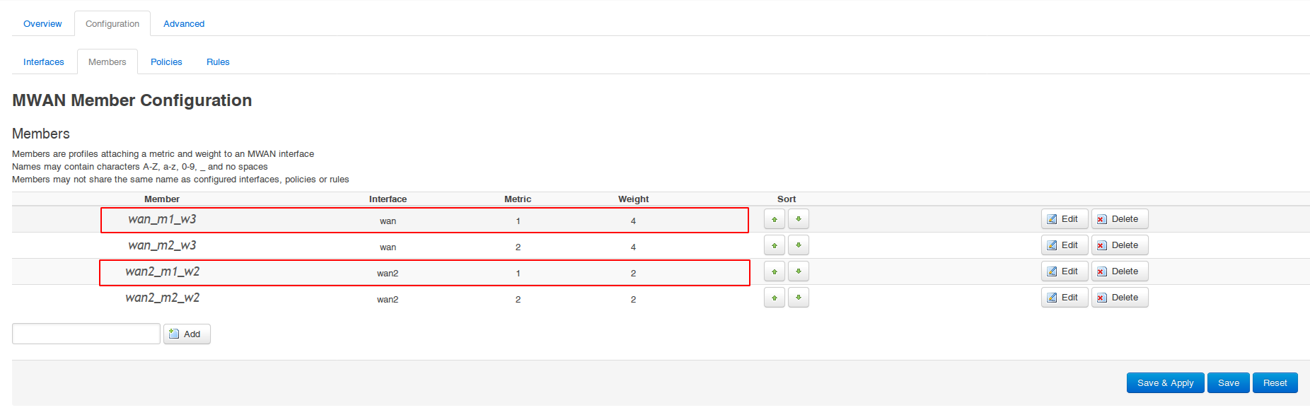 Weights configuration