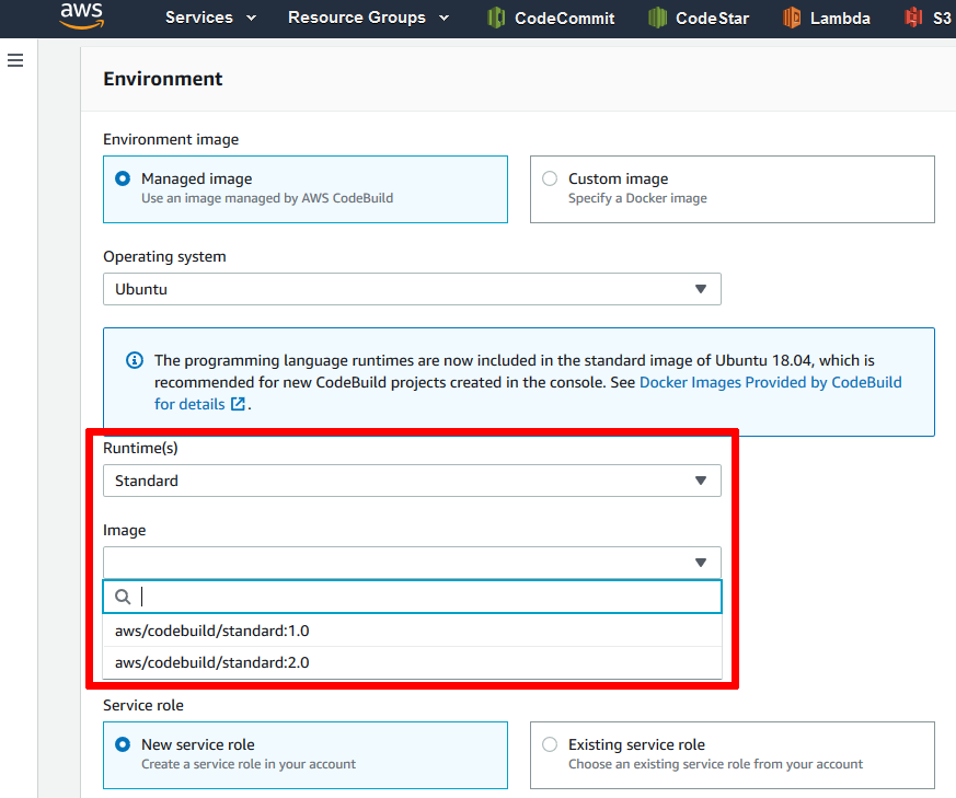 AWS CodeBuild runtime images selection